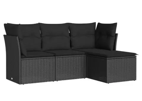Set mobilier de grădină cu perne, 4 piese, negru, poliratan - 2/3
