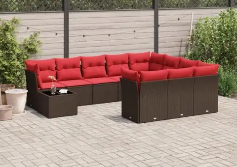 Set canapele de grădină cu perne, 11 piese, maro, poliratan - 1/3