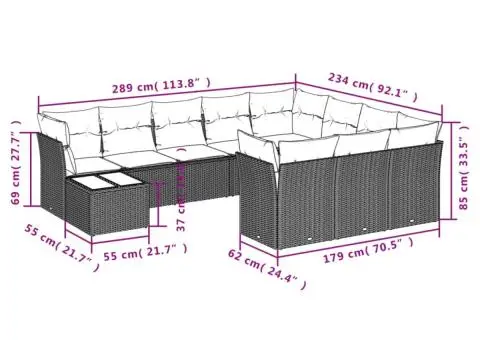 Set canapele de grădină cu perne, 11 piese, maro, poliratan - 3/3