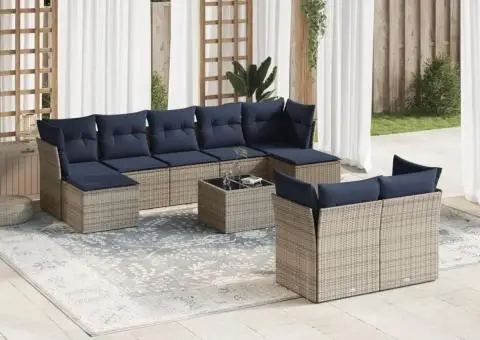 Set canapele de grădină cu perne, 10 piese, gri, poliratan - 1/3