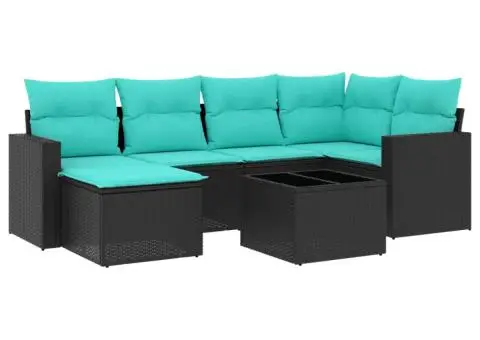 Set canapele de grădină cu perne, 7 piese, negru, poliratan - 2/3