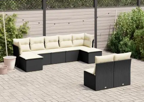 Set mobilier de grădină cu perne, 9 piese, negru, poliratan - 1/3