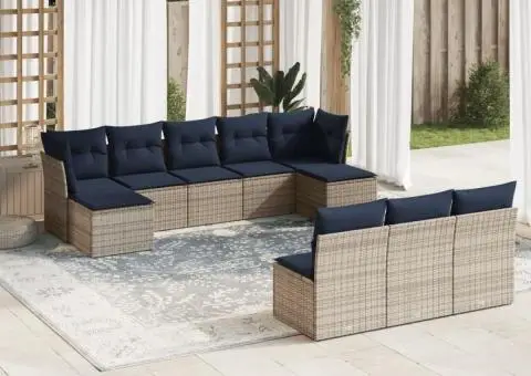 Set canapele de grădină cu perne, 10 piese, gri, poliratan - 1/3