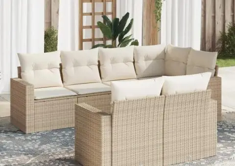 Set canapele de grădină, 7 piese, cu perne, bej, poliratan - 1/3