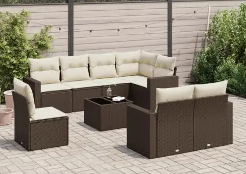 Set canapele de grădină cu perne, 9 piese, maro, poliratan - 1/3