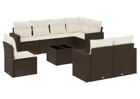 Set canapele de grădină cu perne, 9 piese, maro, poliratan - 2/3