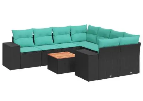Set mobilier de grădină cu perne, 9 piese, negru, poliratan - 2/3