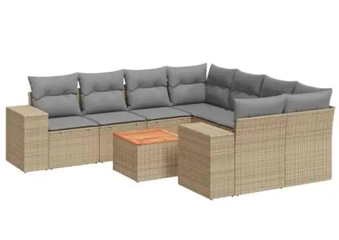 Set canapele de grădină, 9 piese, cu perne, bej, poliratan - 2/3
