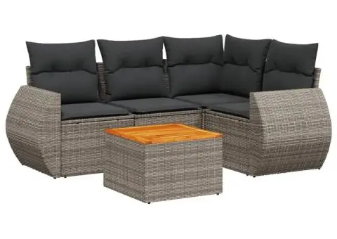 Set canapea de grădină cu perne, 5 piese, gri, poliratan - 2/3