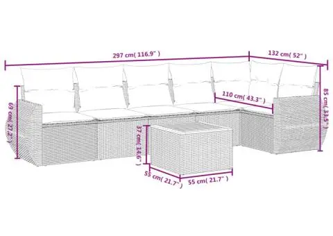 Set canapele de grădină cu perne, 7 piese, negru, poliratan - 3/3