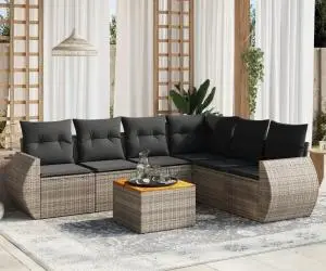 vidaXL Set canapele de grădină, 7 piese, cu perne, gri, poliratan