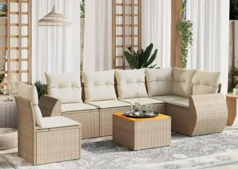 Set canapele de grădină, 7 piese, cu perne, bej, poliratan - 1/3