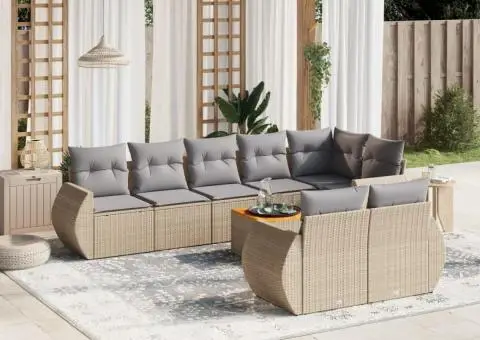 Set canapele de grădină, 9 piese, cu perne, bej, poliratan - 1/3