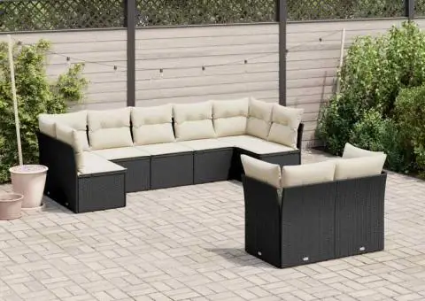 Set mobilier de grădină cu perne, 9 piese, negru, poliratan - 1/3