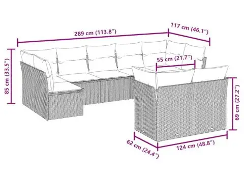 Set mobilier de grădină cu perne, 9 piese, negru, poliratan - 3/3