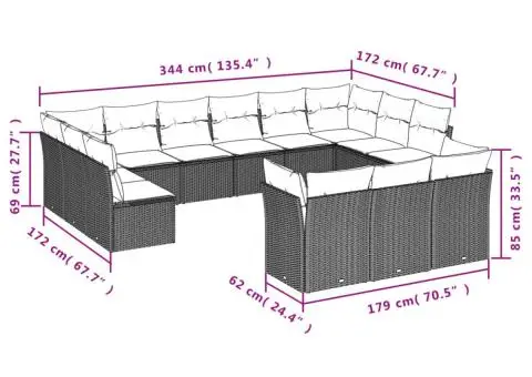 Set mobilier de grădină cu perne, 13 piese, gri, poliratan - 3/3