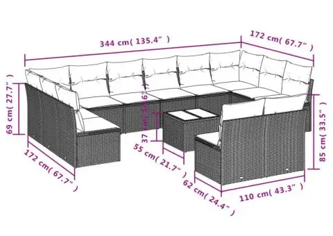 Set canapele de grădină cu perne, 13 piese, maro, poliratan - 3/3