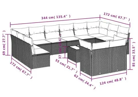 Set canapele de grădină cu perne, 13 piese, maro, poliratan - 3/3