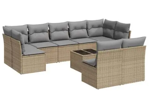 Set canapele de grădină cu perne, 10 piese, bej, poliratan - 2/3