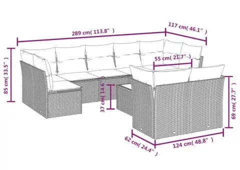 Set canapele de grădină cu perne, 10 piese, bej, poliratan - 3/3