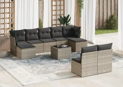 Set mobilier de grădină cu perne, 10 piese, gri, poliratan - 1/3