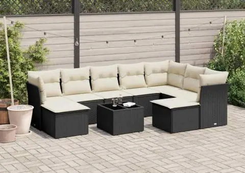 Set canapele de grădină cu perne, 10 piese, negru, poliratan - 1/3