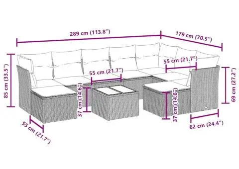 Set canapele de grădină cu perne, 10 piese, negru, poliratan - 3/3