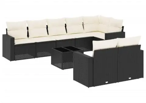 Set mobilier de grădină cu perne, 9 piese, negru, poliratan - 2/3