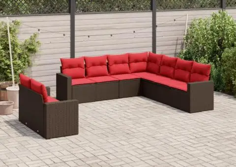 Set canapele de grădină cu perne, 9 piese, maro, poliratan - 1/3