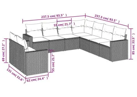 Set canapele de grădină cu perne, 9 piese, maro, poliratan - 3/3