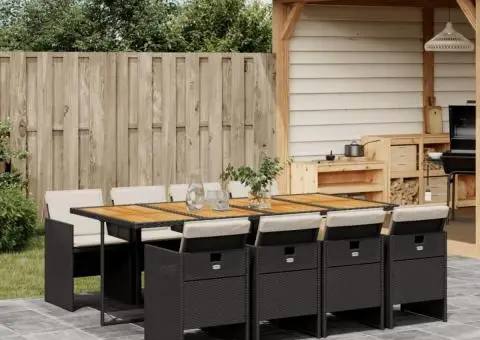 Set mobilier de grădină cu perne, 9 piese, negru, poliratan - 1/5