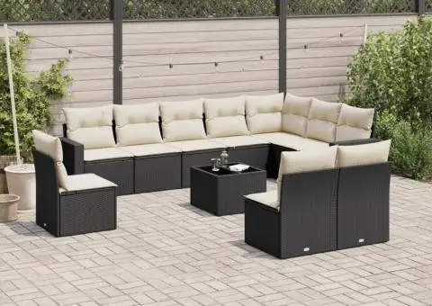 Set canapele de grădină cu perne, 11 piese, negru, poliratan - 1/3