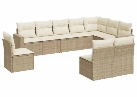 Set canapele de grădină cu perne, 10 piese, bej, poliratan - 2/3