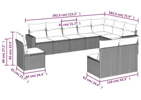 Set canapele de grădină cu perne, 10 piese, bej, poliratan - 3/3