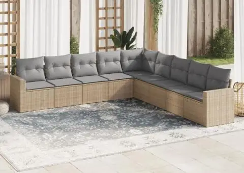 Set canapele de grădină, 9 piese, cu perne, bej, poliratan - 1/3