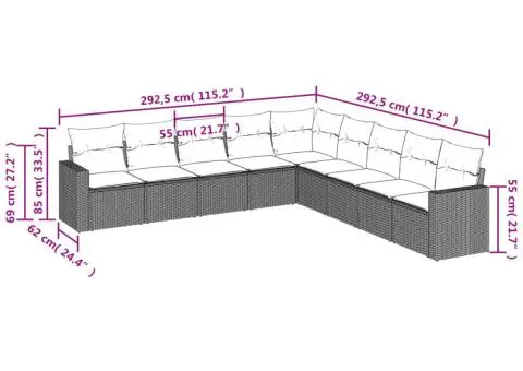 Set canapele de grădină, 9 piese, cu perne, bej, poliratan - 3/3