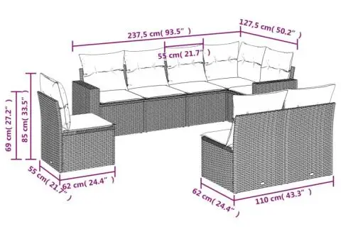 Set canapele de grădină cu perne, 8 piese, gri, poliratan - 3/3