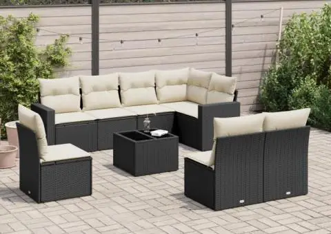 Set mobilier de grădină cu perne, 9 piese, negru, poliratan - 1/3