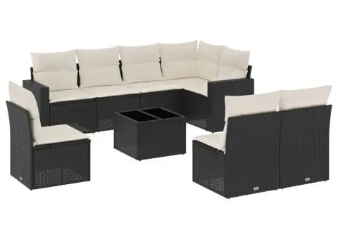 Set mobilier de grădină cu perne, 9 piese, negru, poliratan - 2/3