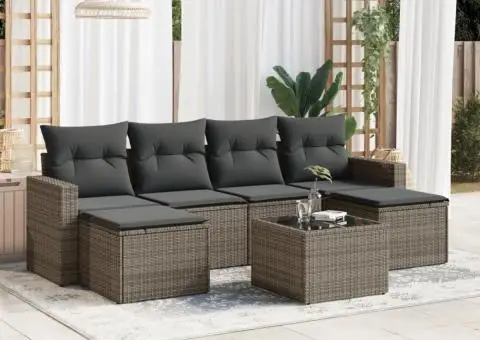 Set canapele de grădină, 7 piese, cu perne, gri, poliratan - 1/3