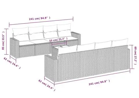 Set canapele de grădină, 9 piese, cu perne, gri, poliratan - 3/3