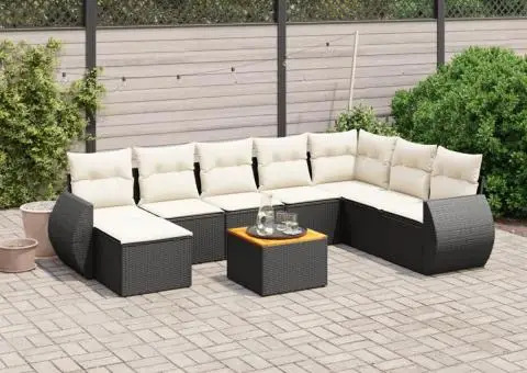 Set mobilier de grădină cu perne, 9 piese, negru, poliratan - 1/3