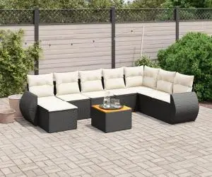 vidaXL Set mobilier de grădină cu perne, 9 piese, negru, poliratan