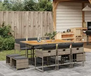 Set mobilier de grădină cu perne, 11 piese, gri, poliratan