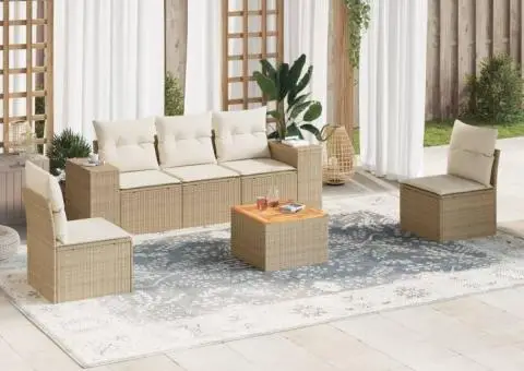 Set canapele de grădină cu perne, 6 piese, bej, poliratan - 1/3