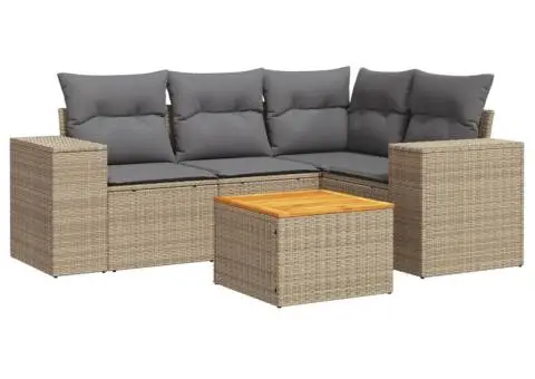 Set canapele de grădină cu perne, 5 piese, bej, poliratan - 2/3