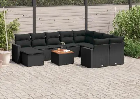 Set canapele de grădină cu perne, 11 piese, negru, poliratan - 1/3