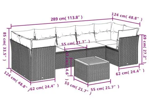 Set mobilier de grădină cu perne, 8 piese, negru, poliratan - 3/3