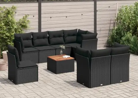 Set mobilier de grădină cu perne, 9 piese, negru, poliratan - 1/3