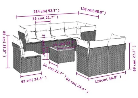 Set mobilier de grădină cu perne, 9 piese, negru, poliratan - 3/3